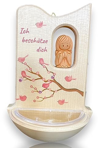 Weihbecken, Weihkessel mit Lebensbaum, Kristallen und Ton Schutzengel, Rosa - Gravurfähig