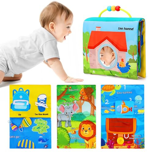 URMYWO stoffbuch baby, Baby Spiegel Spielzeug mit Knisterbuch, Baby Spielzeug ab 0 3 6 12 Monate,baby buch fühlbuch bücher baby kinderwagen spielzeug quiet book Geschenk für Jungen Mädchen