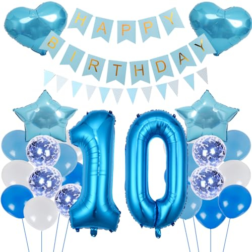 ZWWsullo Geburtstagsdeko Jungen Blau Zahl 10 Geburtstag Junge Mädchen Luftballon-Zahl Riesen Folienballon Geburtstagsdeko Junge 10 Geburtstag Dekoration 10 jahre Geburtstag Junge Dekoration set