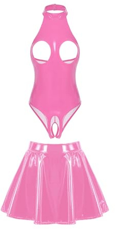 Yihuimin Women Pu Leather Lingerie Outfits Chest Hollow Out Bodysuit with Miniskirt for Clubwear Pink Small