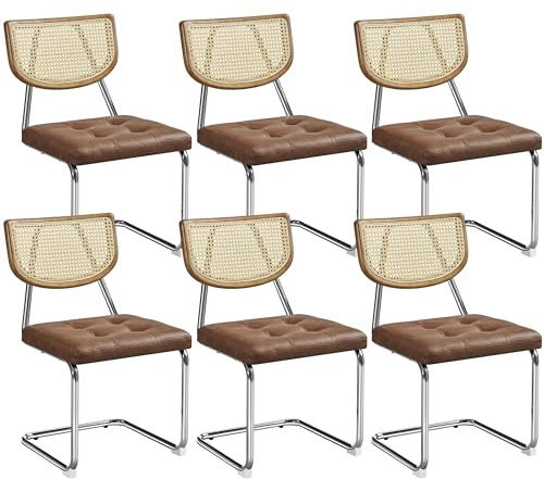 Yaheetech Chaises Cantilevers Lot de 6 - Salle à Manger en Similicuir, Dossier en Rotin Tissé, Assise Capitonnée, Pied en Métal - pour Cuisine, Hôtel - Brun Rustique