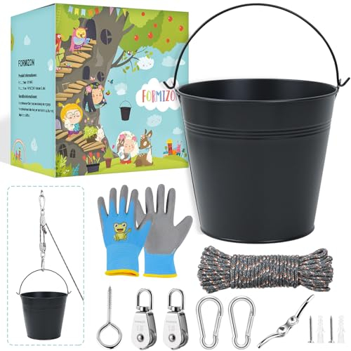 FORMIZON Poulie Enfants, Poulie avec Seau en Métal, Système de Poulie pour Enfants et Seau Pliable, Accessoires pour Cabane dans Les Arbres et Tour de Jeu, Jouets de Jardin pour Enfants de 3+ (Noir)