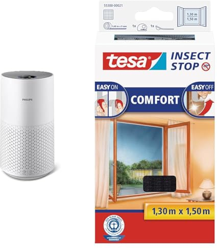 Philips Luftreiniger Smart 1000i Serie - Reinigt Räume bis zu 78 m² & tesa Insect Stop COMFORT Fliegengitter für Fenster - Insektenschutz mit Klettband selbstklebend