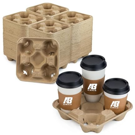 AIBULO 4 Cup Tray Holders-Pack of 50 | Biodegradable Drink Carriers for Hot & Cold Beverages | Eco-Friendly Recyclable Cup Holder Trays for Takeaway, Cars, Cafés, Catering, Parties & Events