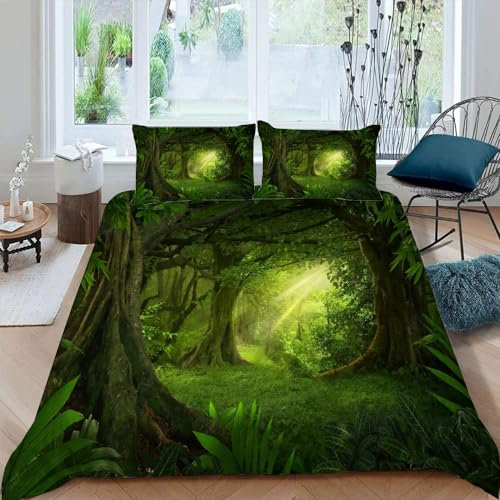 RLYXGS Wald Kinderbettwäsche 135x200 3teilig für Jungen Mädchen Grüne Pflanzen 3D Druck Bettbezug mit Reißverschluss Sommer Warm Mikrofaser Bettwäsche Set mit 2 Kissenbezüge 80x80cm