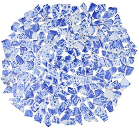 Yuvori 1.1 lbs Blue and White Irregular Porcelain Mosaic Tiles, DIY Handmade, Bathroom, Living Room, Kitchen Backsplash, Outdoor (02, Small)