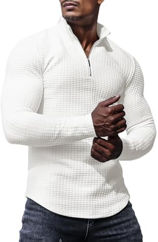 KUYIGO Polo Shirts for Men Zipper Slim Fit Shirt Long Sleeve Casual Stretch Knit Zip T-Shirt XL White