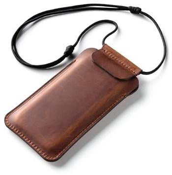 Crazy Horse Craft, Handyhülle für iPhone 16 Pro Max / 16 Plus, Classic Brown, Handytasche zum Umhängen, Leder Hülle Handy Tasche Handysocken Mobil Etui Lanyard Phone Case Sleeve Cover, Enlarged
