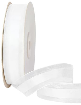 JIHUOO Rouleau de ruban en tulle transparent avec bord en organza pour emballage cadeau, 2,5 cm x 45 m, couleur unie, pour bouquet de fleurs, blanc