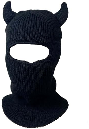 YEKEYI Lustige Hörner Skimaske Winter Strickmütze Sturmhaube Mütze für Männer Frauen, Schwarz , Einheitsgröße