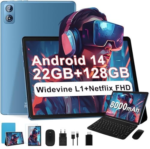 2025 Newest Tablet 10 pollici Android 14, 22GB RAM+128GB ROM/TF 1TB, 8-core 2.0GHz, 8000mAh, UFS 2.1 Flash, Corpo in Metallo, Doppio WiFi, BT5.0, 8+5MP, Widevine L1, Con Tastiera e Mouse, Blu