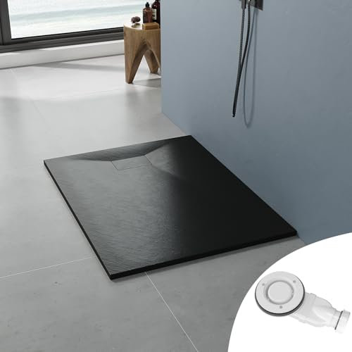 AQUABATOS SMC Duschwanne 120x90 cm 32 mm Schwarz Rechteckig Duschtasse Rutschfest Bodengleich Ebenerdig Montage Steinoptik Schieferoptik Superflach mit Abdeckung Siphon/Ablaufgarnitur
