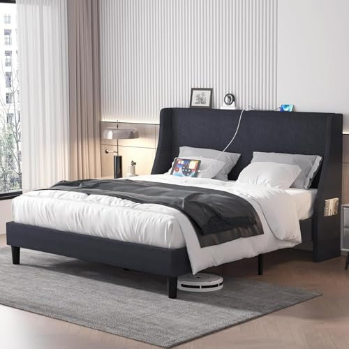 VECELO 4ft6 Double Bed Frame Upholstered Platform with Wingback Storage Headboard, Type-C & USB Ports, Sturdy Wooden Slat Support, No Box Spring Needed