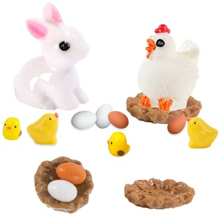 Dazzjoy 14 Stk Miniatur Figuren Ostern Deko, Harz Ostereier Deko,Huhn Henne Kleine Figuren Osterdeko,Hase,Eier Ostern Konfetti,Oster Tischdeko,Streudeko Ostern,Frühling,Tiere Figuren Garten Dekoration