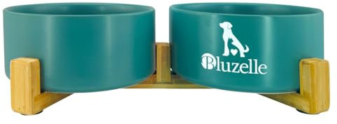 bluzelle Balance Bowl Gamelle Chien 2-en-1 XXL, Gamelle Céramique 2X 850ml avec Support Bambou, Double Gamelle Surélevée Antidérapante, Lave-Vaisselle, Couleur:Pétrole