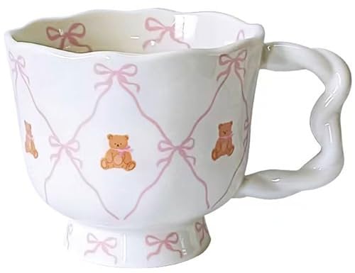 Leseogye Cute Coffee Mug, Ceramic Mug with Pink Bow Cute Bear, Coffee Mug Gifts for Women and Girls, 18 oz/550ml Aesthetic Mug for Milk Cappuccino Cocoa Tea