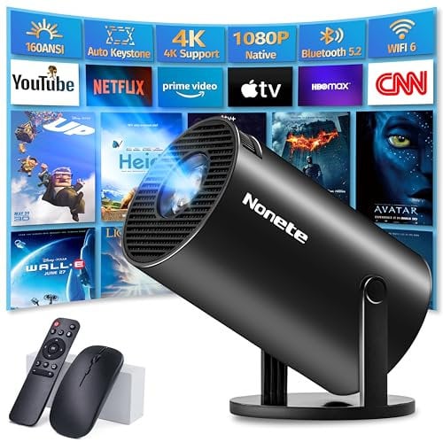 Mini Projector 4K, 1080P Full HD Projector Video Portable Projector Support with WiFi 6 & Bluetooth 5.2, Auto Keystone Adjustment Built-in Apps Smart with 180° Rotation for USB/TV Stick/HDMI