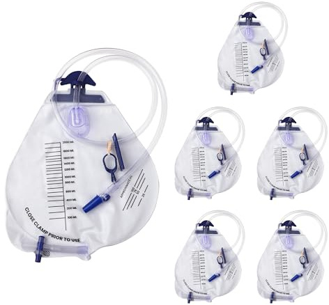 Urin-Drainagebeutel – 6 Stück 2000 ml einzeln verpackte Katheterbeutel mit 109,2 cm Drainagerohr, Anti-Reflux-Kammer, spritzwassergeschützter Abfluss, Clips und Haken, professionelle Urinbeutel für
