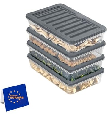 IDOBY Stapelbare Frischhaltedosen, Vorratsdosen-Set, Gefrierfach & Kühlschrank Organizer mit Deckel, Frostfest bis -25°C, Wiederverwendbare Aufschnittboxen (4x1200)