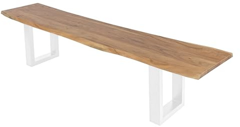 SAM Esszimmerbank 200x42 cm Chicago, Akazienholz naturfarben, Massive Holzbank mit echter Baumkante, Baumkantenbank mit U-Gestell Weiß, Sitzbank mit 26 mm Platte