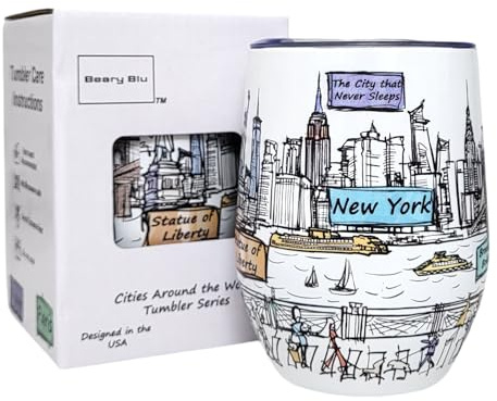Beary Blu Cities Around the World 12 Oz Tumbler Series - Designed in the USA - Vacuum Insulated Tumbler with Lids - Stainless Steel Wine Coffee Water Travel Mug, for Hot Cold Drink (New York)