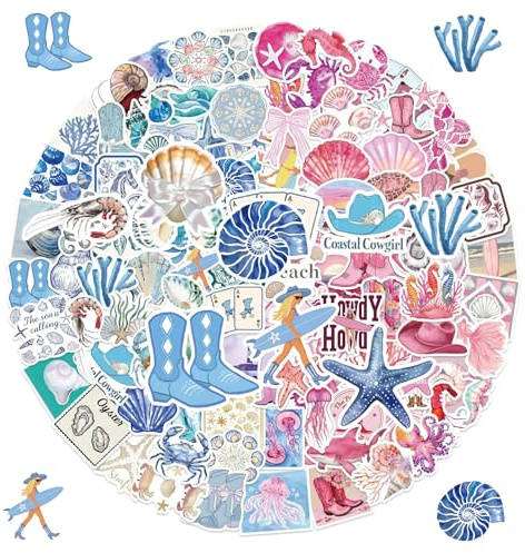 100 Stück Meeresthema Sticker Set, Blaue & rosa Küstenaufkleber, Sommer Ozean Thema Aufkleber, Wasserfeste Stickers für Laptop, Gepäck, Skateboards, DIY Geschenk