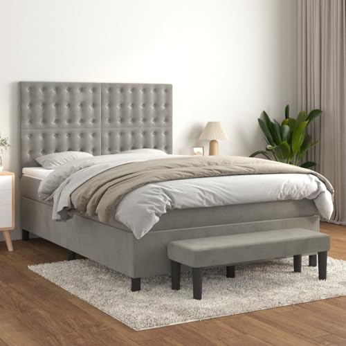 Ziaphsol Boxspringbett Hellgrau 140x200 cm, Samtbezug, höhenverstellbares Kopfteil, Taschenfederkernmatratze, mittelfeste Unterstützung, inklusive Bettbank, für erholsamen Schlaf