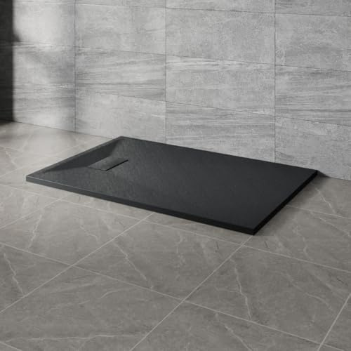 NRG 1200x800mm Black Shower Tray with Flow Waste for Bathroom Enclosures | Non Slip, Shower Base Tray, Shower Enclosure SMC Tray, Wetroom Cubicle Base, Easy to Clean, Wet Room