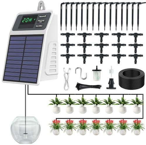 Riego por goteo solar, riego automatico macetas, ideal para balcón, plantas en huerto y bancales elevados, alto caudal de 630 ml/min, 15 goteros, manguera de goteo de 10 m, batería de 2200 mAh