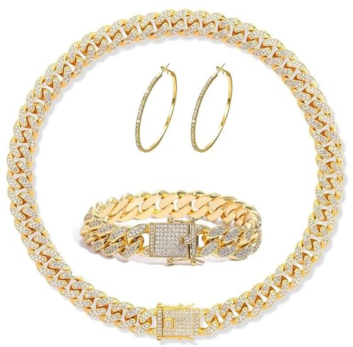 Xiaoliny Schmucksets für Damen Miami Cuban Link mit Glitzer Zirkonia Halskette Kette Armband und Creolen Cool Hip Hop Jewelry Set Gold/Silber Modisches Accessoire für Party Club Streetwear
