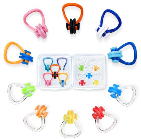 STSAIL Pince Nez De Natation – Lot de 10 Clips Nasaux en Silicone pour Enfants à partir de 7 Ans et Adultes, Pince-Nez Étanche pour la Natation, Débutants, avec Boîte de Rangement, Multicolore
