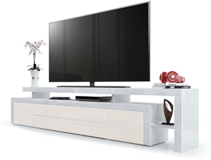 Vladon TV Board Lowboard Leon V3, Made in Germany, Korpus und Überbau in Weiß Hochglanz/Front in Creme Hochglanz mit Rahmen in Weiß Hochglanz (227 x 52 x 35 cm)