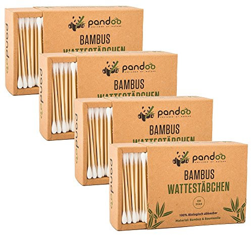 pandoo 4er Pack Bambus Wattestäbchen (800 Stück) | 100% biologisch abbaubar, vegan & nachhaltig | kompostierbare premium Wattestäbchen
