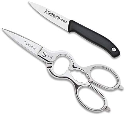 3 Claveles - Set Tijeras Cocina + Cuchillo Verduras, Acero Inoxidable - (Tijera 20 cm, Cuchillo 9 cm)