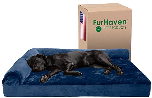 Furhaven Kühlendes Gel Hundebett für große Hunde mit abnehmbaren Nackenrollen und waschbarem Bezug, für Hunde bis zu 56,7 kg – Plüsch & Samt L-förmige Chaiselongue – Deep Sapphire, Jumbo Plus/XXL