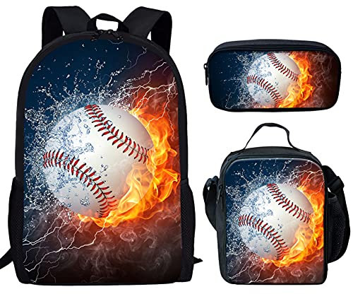UNICEU Bedruckter Rucksack mit Feuer- und Wasserbällen, mit Schul-Lunch-Tasche, Federmäppchen, Baseball-Design mit Wasserfeuer, Medium, Rucksack, Reisen, einzigartig