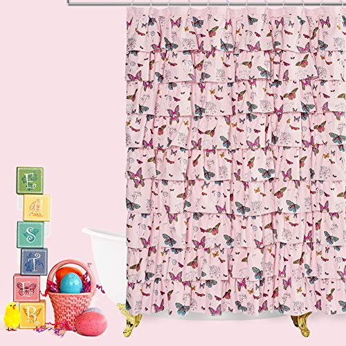 WestWeir Rüschen-Duschvorhang – rosa Bauernhaus-Badevorhänge für das Badezimmer mit Haken, 183 cm, Schmetterlingsmuster, -Dekorationen