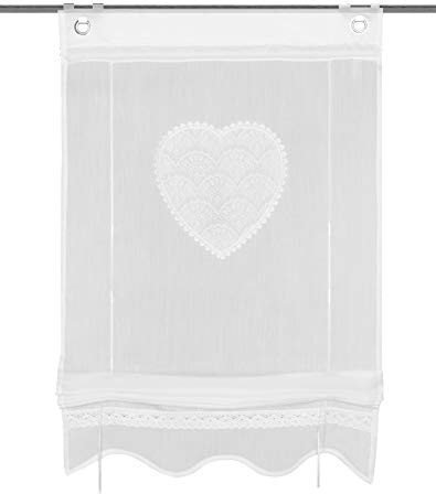 HOME WOHNIDEEN 91417 Corazon, Bändchenrollo mit Ösen und Haken, aus Batist, Bestickt und mit Spitze, Blende unten, Farbe: Weiß, Maße (h x b): (130 x 80 cm)