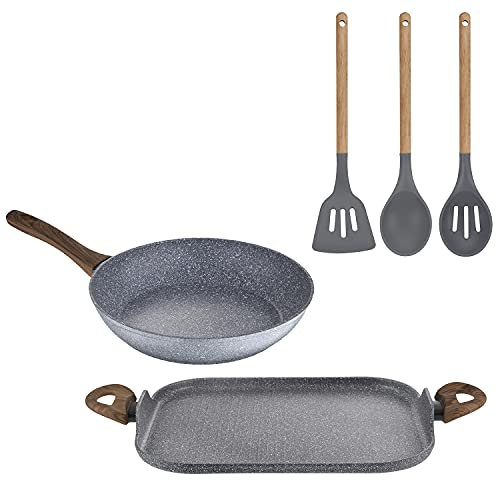 San Ignacio Juego DE SARTEN con ASADOR Grill Aluminio Forjado Y Set DE 3 Utensilios DE Cocina, Multicolor