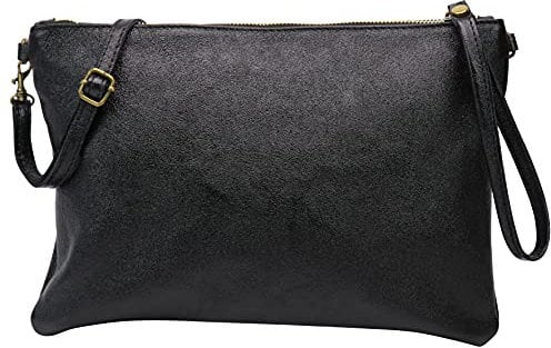 SH Leder Echtleder Umhängetasche Clutch im vintage look mittelgross Tasche Abendtasche 33x22cm Clara G396 (Schwarz Metallic)