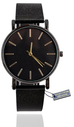 Halukakah Minimalistische Edelstahl-Herrenuhr - Rhodium Plattiertes Uhrenarmband, Schwarzes Zifferblatt Goldene Zeiger. Wird mit Eleganter Geschenkbox Geliefert