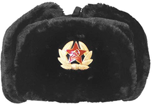 DIGITAL SPOT Russische Trappermütze für Herren, mit Sowjetischem Abzeichen, Unisex, Kunstfell, Uschanka-Klappen, Schwarz 58-60 cm, Einheitsgröße