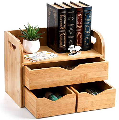 Hacaroa 3 Tier Bamboo Desktop Organizer with 3 Drawers, Mini Tabletop Craft Box Cosmetic Storage Drawer with Handle, Portable Desk Letter Mail Sorter for Office Supply, Toiletries