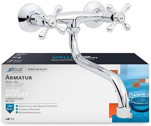Zweigriff Spültischarmatur Wandarmatur Küchenarmatur Wandmontage Küchen Wasserhahn Einhebelmischer mit 360° Drehbar