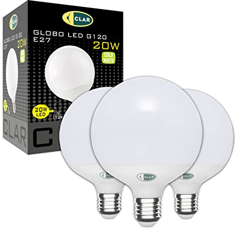 CLAR - Lampadine Grandi A Palla, Lampadina Led E27 Sfera Grande, Globo LED 20W E27, Luce Fredda 6000ºK (Pack 3)