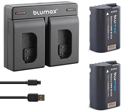 2 x Blumax Battery Replaces Panasonic DMW-BLK22 / DMW-BLK22E 2250 mAh + Double Charger USB Compatible with Panasonic Lumix DC S5 S5K G9 GH5 GH5 II GH5S GH6