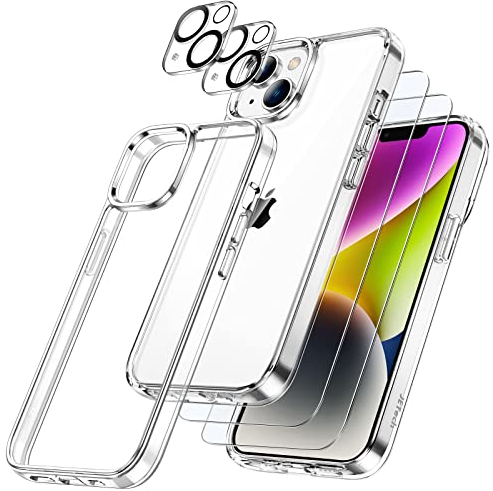 JETech 5 en 1 Funda para iPhone 14 Plus 6,7 Pulgadas con 2 Protector Pantalla y Protector Lente Cámara, Cristal Vidrio Templado Cobertura Completa, Anti-Amarillo Carcasa Antigolpes (Transparente)