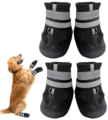 Avvrel Hundeschuhe für verletzte Pfoten, 4 Stück Hundeschuhe mit verstellbaren reflektierenden Riemen und rutschfester Sohle für kleine, mittelgroße und große Hunde (M, Schwarz)