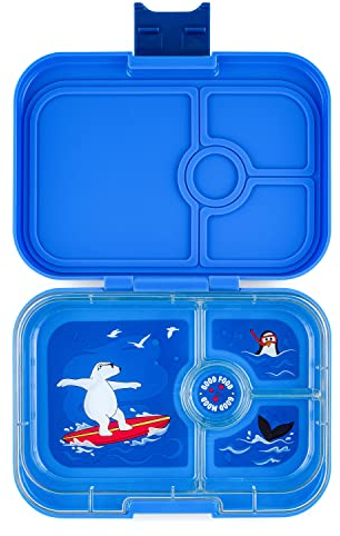 Yumbox Panino Bento Box a prueba de fugas: 4 compartimentos para niños y adultos; perfecto para almuerzo empaquetado en sándwich; compacto 8.5 x 6 x 1.8; porciones saludables (azul surf con bandeja