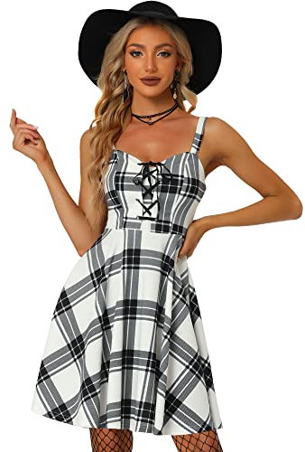Allegra K Robe trapèze Vintage à Carreaux à Lacets pour Femmes sans Manches à Bretelles réglables Noir Blanc M